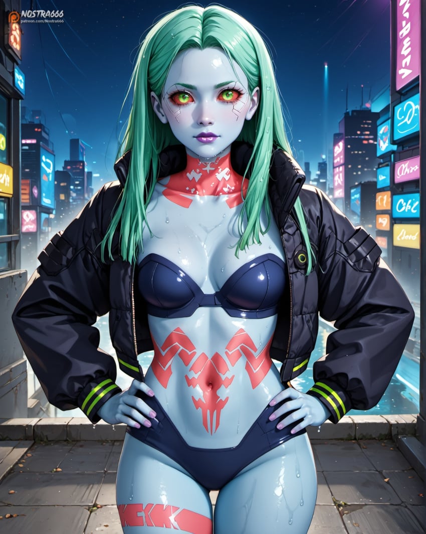 ai ai_generated aqua_hair artificial_eye black_hairband black_jacket black_strapless_bra blue_skin city colored_sclera colored_skin createdwithai cyberpunk cyberpunk:_edgerunners cyberpunk_interior cyberpunk_setting cyberpunk_world cyborg digital_2d fan_art female female girl green_eyes green_hair grey_skin leg_tattoo lights long_hair mechanical_eye neck_tattoo neon night_city nostra666 parted_bangs patreon purple_lips rebecca_(edgerunners) red_pupils red_sclera stable_diffusion stomach_tattoo straight_hair tattoo underwear