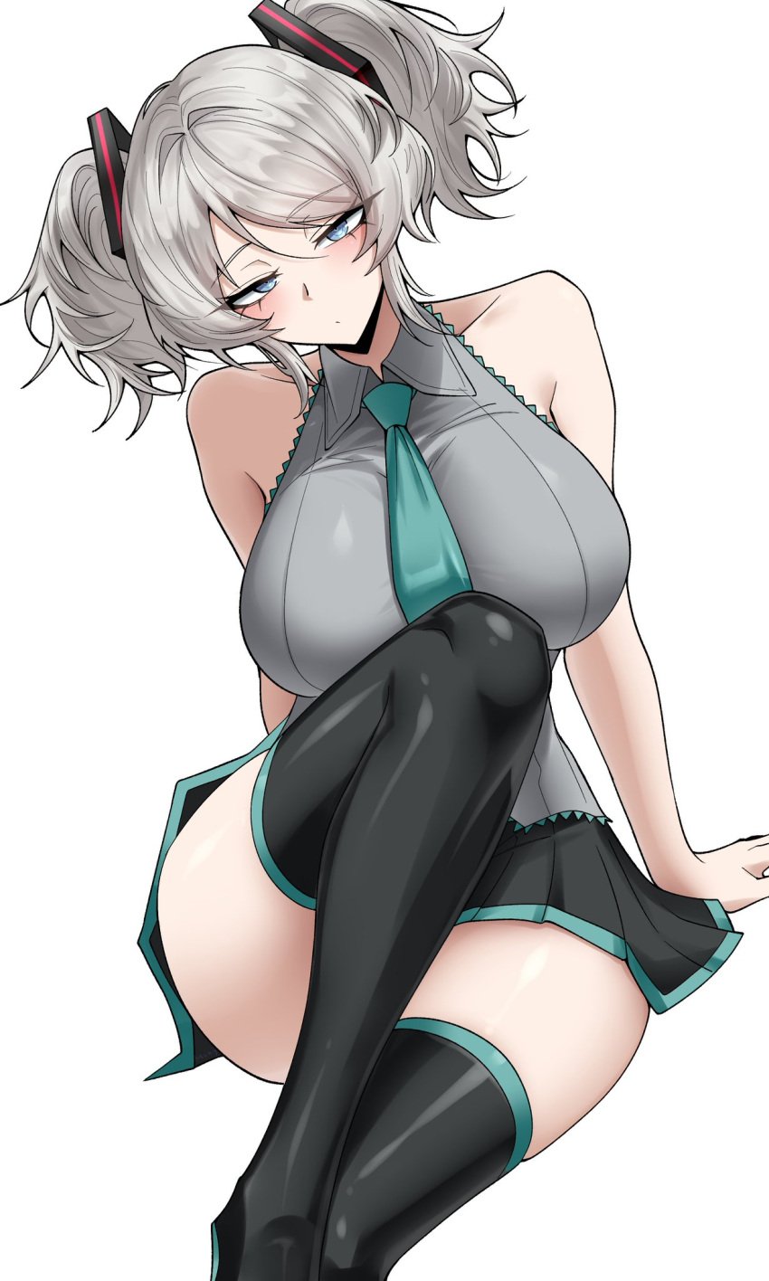 1girls big_breasts blue_eyes breasts clothed_female cosplay faust_(limbus_company) female grey_hair hatsune_miku_(cosplay) light-skinned_female limbus_company project_moon silver_hair skirt solo solo_female thick_thighs thighs twintails vocaloid vvernerluniq white_background white_hair