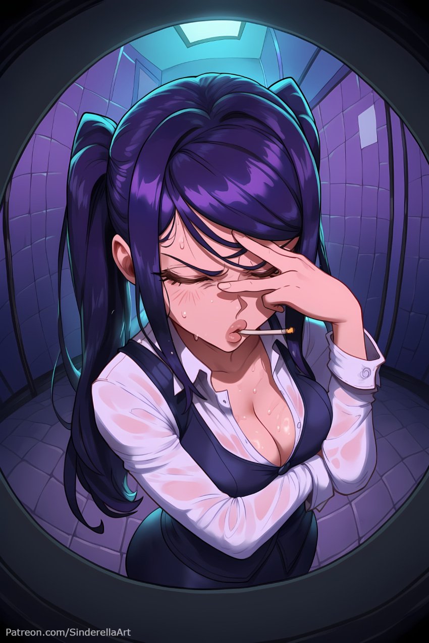 ai_generated breasts busty cigarette cleavage collared_shirt commission female julianne_stingray large_breasts long_hair patreon patreon_url patreon_username purple_hair see-through shirt sinderellaart smoking smoking_cigarette solo thick twintails va-11_hall-a video_game_character video_games voluptuous wet wet_clothes wet_shirt white_shirt