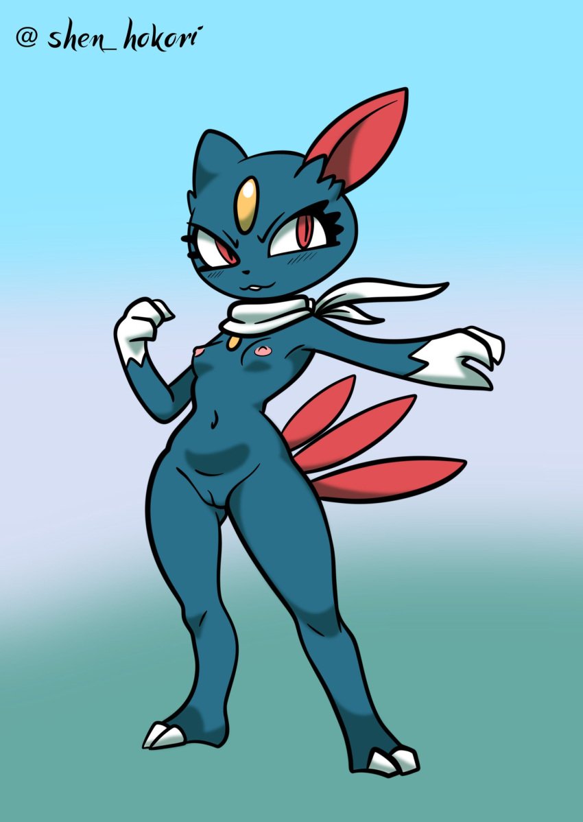 2025 blue_body breasts female generation_2_pokemon gradient_background hi_res nintendo nipples nude pokemon pokemon_(species) scarf shen_hokori simple_background small_breasts smile sneasel solo standing tail vulva