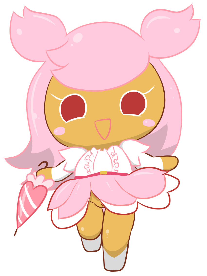 2018 blush cherry_blossom_cookie clothed clothing cookie_run cookie_run_ovenbreak dress female food_creature humanoid looking_at_viewer no_humans open_mouth pussy simple_background solo tatwuyan umbrella