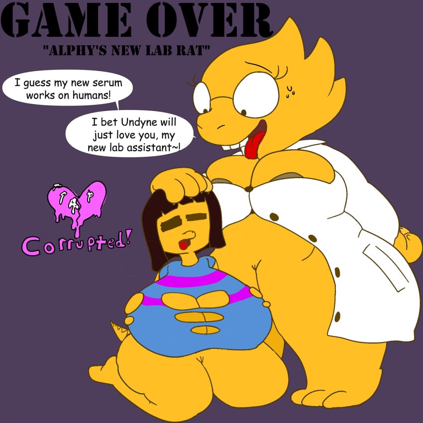 2d 2girls after_transformation alphys anonymous_artist anthro areola areola_slip big_breasts blush bodily_fluids bottomless bottomwear breast_expansion breasts brown_hair buckteeth cleavage clothing coat color corruption dialogue drooling duo english english_dialogue english_text eyewear female female/female female_human female_only frisk furry game_over genitals glasses hair hand_on_head heart huge_breasts human human_female ineffective_clothing kneeling lab_coat looking_at_another looking_at_partner looking_pleasured monster monster_girl navel non-mammal_breasts open_mouth open_smile pancookie reptile saliva scales scalie shirt shorts smile standing teeth text thick_thighs thigh_expansion tongue tongue_out topwear transformed undertale undertale_(series) wide_hips yellow_body yellow_scales yellow_skin