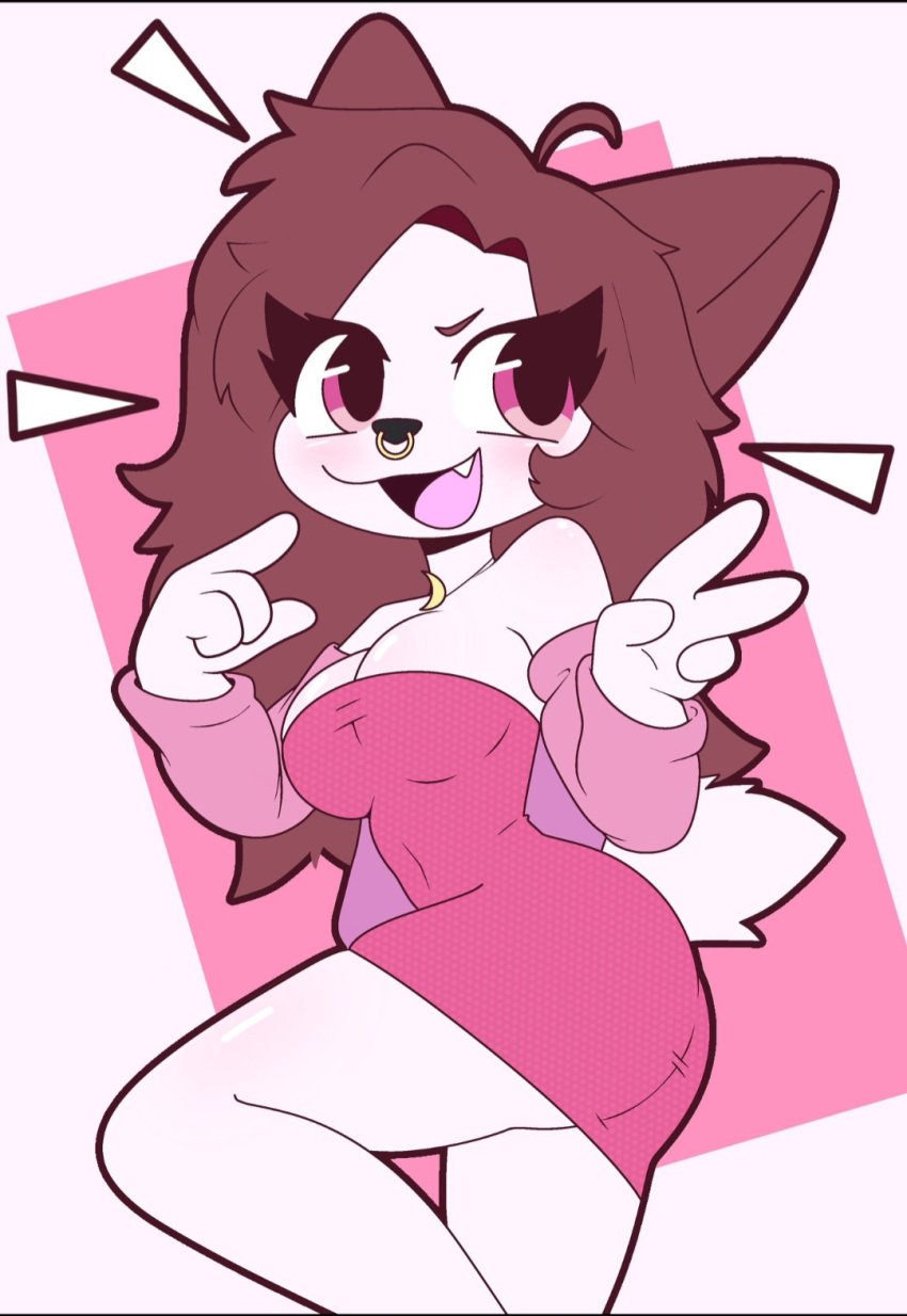 anthro big_ass brown_hair clothing female furry_ears furry_female mandoy1o1 original_character piercing pink_eyes short_dress sleeves smiling tail white_body