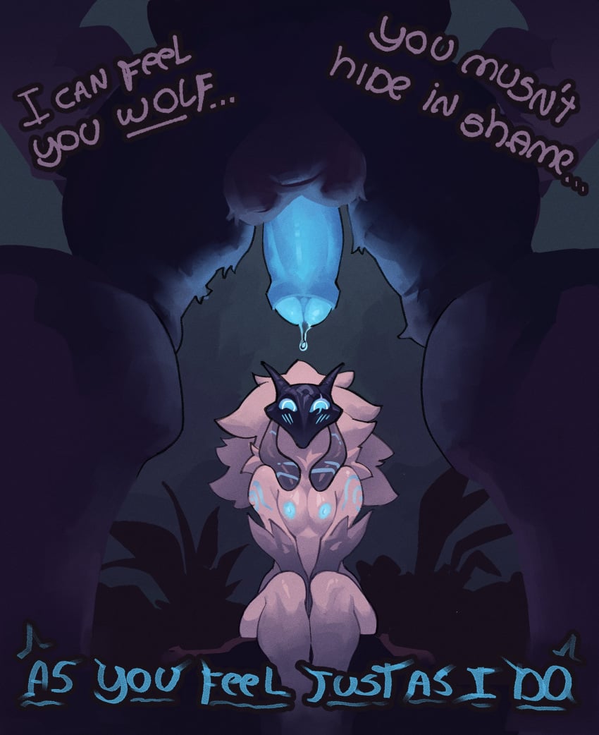 absurd_res anthro areola balls biped blue_areola blue_nipples blue_penis bovid caprine dialogue duo ellipsis erection female fur genitals hi_res kindred_(lol) league_of_legends low-angle_view male mammal mask mask_only mostly_nude nipples nixie01 nude penis riot_games sheep sitting tencent text white_body white_fur