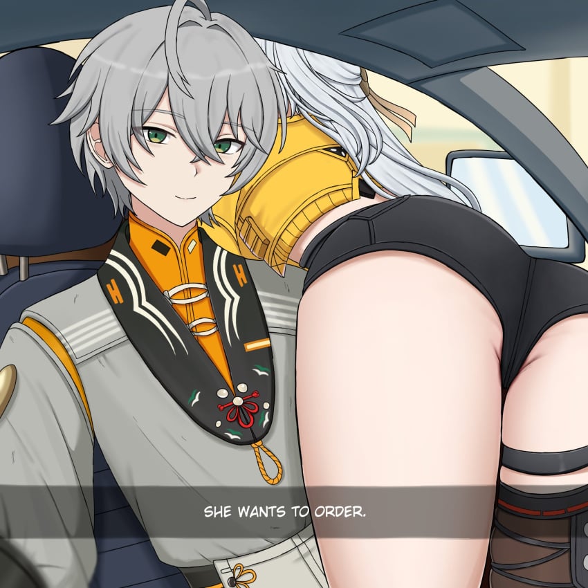 english_text meme_reference she_wants_to_order tagme tagme_(artist) wise_(zenless_zone_zero) yixuan_(zenless_zone_zero) zenless_zone_zero