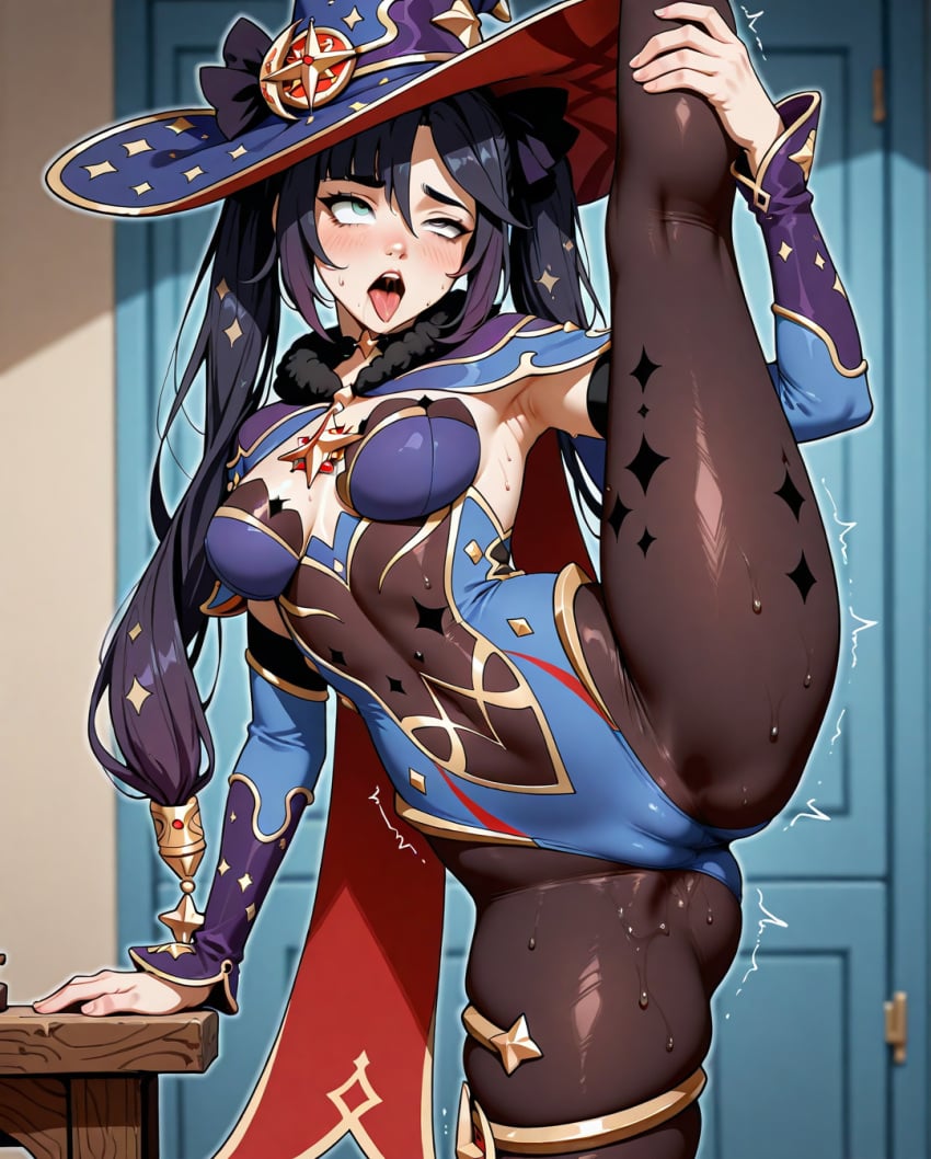 ahe_gao ahegao_face ai_generated ai_generated_sluts artist_request cameltoe findom_sluts genshin_impact leotard mona_(genshin_impact) split standing standing_split tongue tongue_out