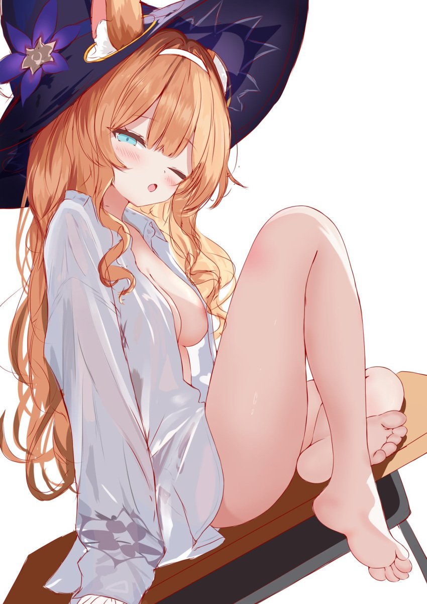 ahoge animal_ear_fluff animal_ears bare_legs barefoot blue_archive blue_eyes blush breasts feet female hairband hat highres long_hair long_sleeves looking_at_viewer mari_(blue_archive) muaa_(muamua231) naked_shirt no_bra one_eye_closed shirt sisterhood_(blue_archive) sitting sleeves_past_fingers sleeves_past_wrists soles solo star_(symbol) toes trinity_general_school_student very_long_hair white_shirt witch_hat