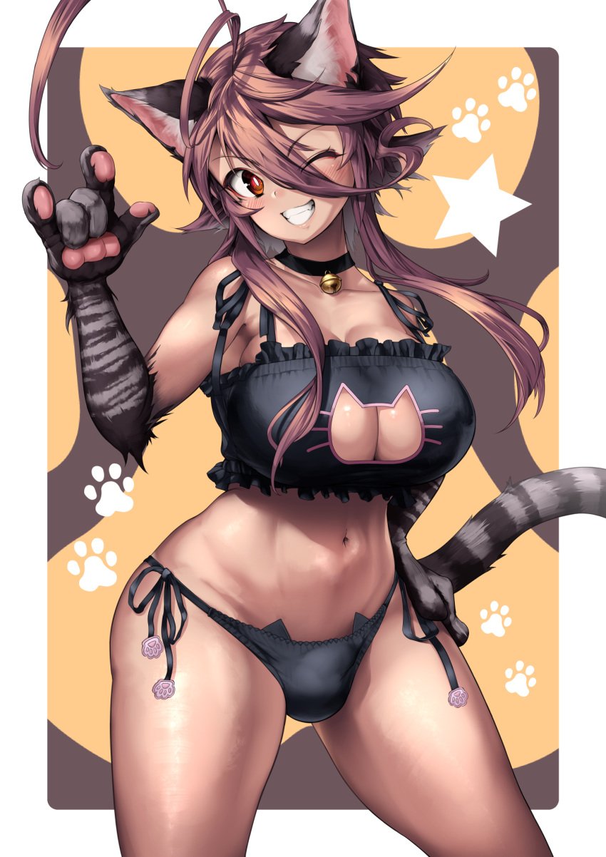 1futa 1girls ahoge animal_ears animal_hands antenna_hair arashi_yagatake bare_shoulders bell big_breasts bikini black_bra black_panties blush bra breasts brown_hair bulge cameltail cat_cutout cat_ear_panties cat_ears cat_girl cat_lingerie cat_tail choker cleavage cleavage_cutout clothing_cutout curvy dickgirl fang flaccid futa_only futanari gloves grin hair_between_eyes hand_on_hip huge_ahoge intersex jingle_bell large_breasts long_hair looking_at_viewer meme_attire navel neck_bell one_eye_closed original panties paw_gloves paw_print paws side-tie_panties small_penis smile solo standing star_(symbol) tail underwear underwear_only wide_hips wink yagatake_arashi yana_(nekoarashi)