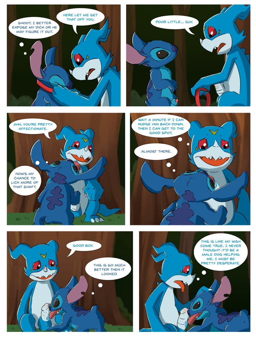 2boys comic crossover dialogue digimon disney erection fellatio forest gay implied_bestiality licking lilo_and_stitch male male_only oral oriont penis stitch text tongue tongue_out tree vee_stitch veemon yaoi