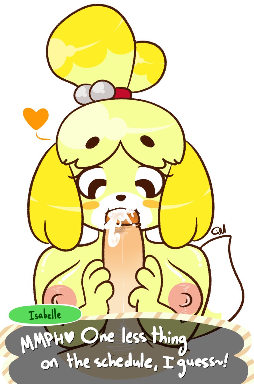 2016 animal_crossing anthro areolae blush breasts canine cum cum_in_mouth dialogue english fellatio female furry heart isabelle_(animal_crossing) large_areolae male nintendo nipples oral penis pov quackmeister saliva straight surprised yellow_fur