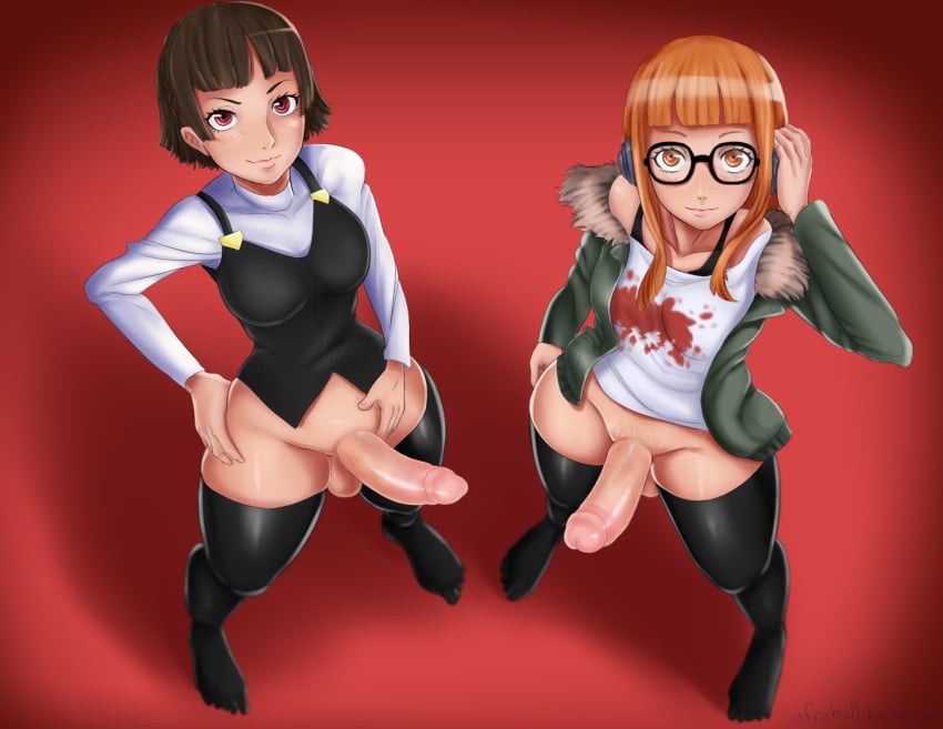 2futas afrobull atlus balls big_penis blunt_bangs breasts brown_hair clothing dickgirl duo erection feet fur_collar futa_only futanari glasses human intersex looking_at_viewer looking_up makoto_niijima medium_breasts medium_hair megami_tensei megane multiple_futa multiple_intersex neet orange_eyes orange_hair penis persona persona_5 red_eyes sakura_futaba shaved_crotch simple_background small_breasts smooth_skin testicles thighhighs uncensored