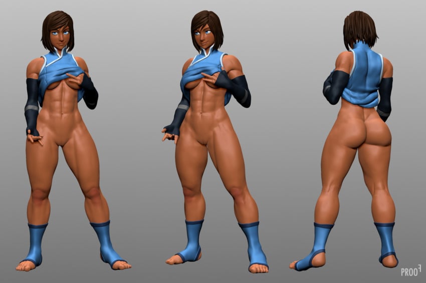 1girls 200proof 3d abs ass avatar_legends blue_eyes bottomless brown_hair clothing dark-skinned_female dark_skin female korra large_breasts navel no_panties shirt_lift short_hair smooth_skin solo standing the_avatar the_legend_of_korra toeless_legwear underboob water_tribe