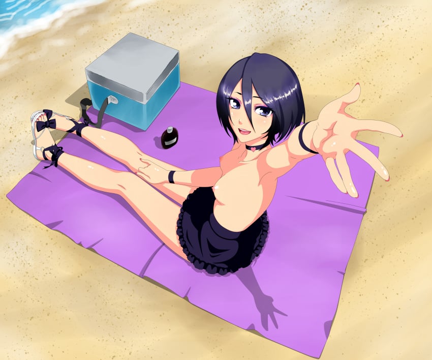 black_hair bleach blue_eyes blush breasts choker female happy_female highres kuchiki_rukia legs lipstick looking_at_viewer makeup nipples open_mouth short_hair sitting skirt small_breasts smile solo topless zimu_jiang