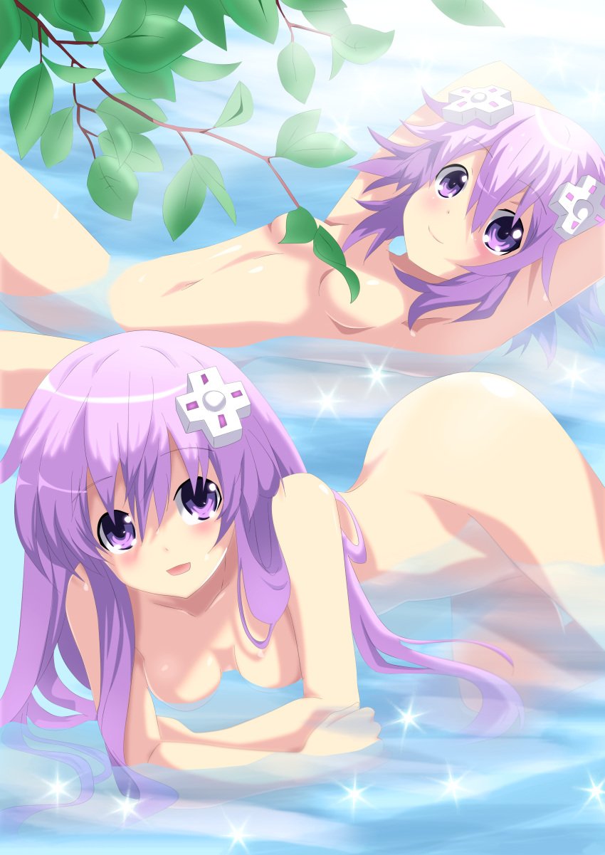 2girls absurdres blush branch convenient_censoring hand_behind_head highres leaf long_hair looking_at_viewer multiple_girls nepgear neptune_(neptunia) neptunia_(series) nude open_mouth planeptune purple_eyes purple_hair smile swimming water