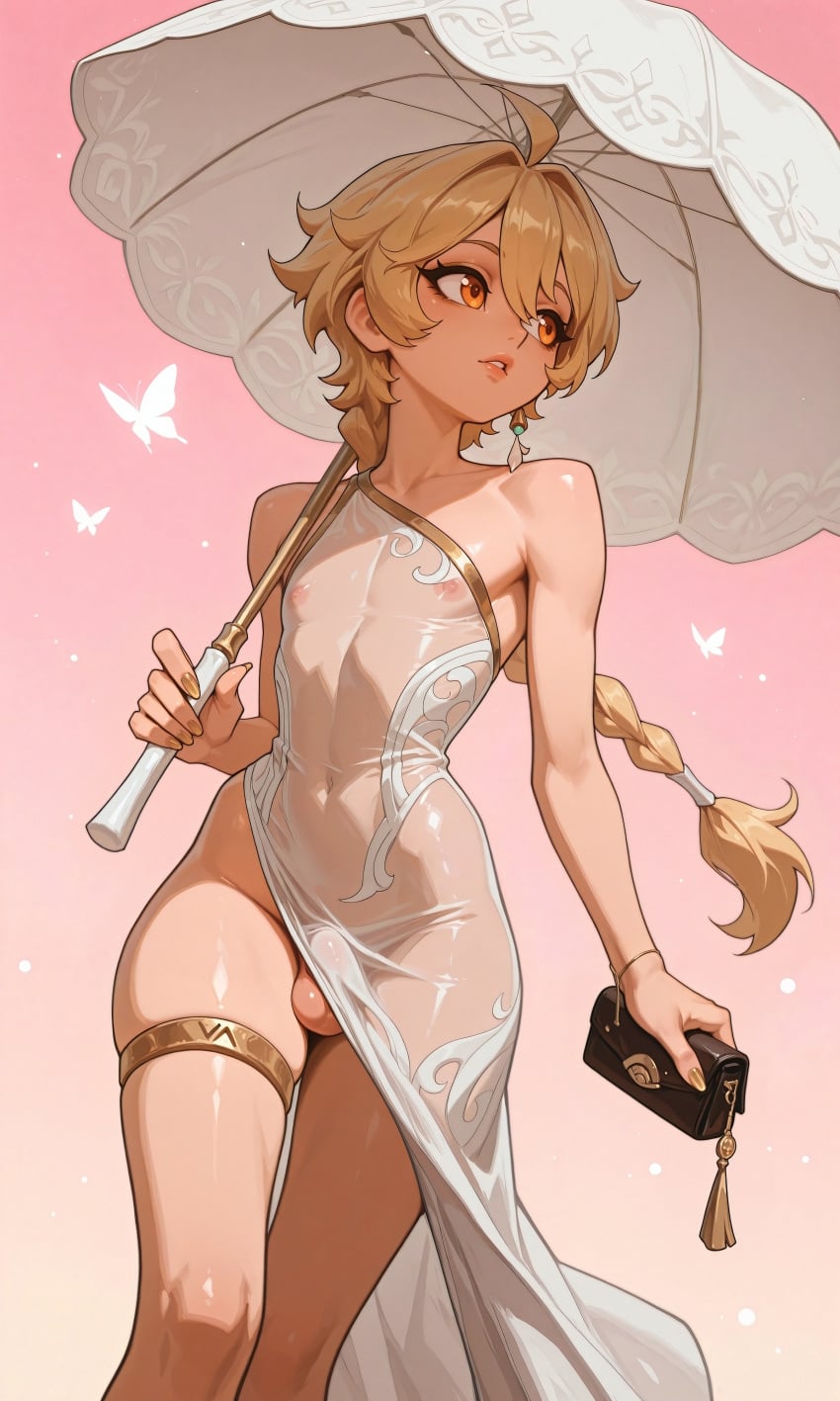 1boy 4k absurd_res aether_(genshin_impact) ahoge ai_generated alternate_costume alternative_costume androgynous animal bag bare_shoulders blonde_hair braid braided_ponytail bug bulge butterfly clothing covered_navel crossdressing dress earrings feet_out_of_frame femboy flaccid genshin_impact gold_nail_polish gradient gradient_background hair_between_eyes handbag hi_res high_resolution highres holding holding_bag holding_object holding_umbrella illustrious_(stable_diffusion) insect jaja_ai jewelry lips long_hair looking_to_the_side makeup male male_focus male_only navel nipples no_panties nopan orange_eyes otoko_no_ko parasol parted_lips penis pink_background ponytail portrait_format see-through see-through_dress self_upload shiny shiny_skin side_slit simple_background single_braid single_earring single_strap skindentation small_penis solo stable_diffusion standing tassel_earrings testicle_peek testicle_slip testicles testicles_out thighlet thighs tied_hair trap umbrella uncensored very_high_resolution wai-nsfw-illustrious-sdxl walking wardrobe_malfunction white_dress yellow_eyes yellow_nails