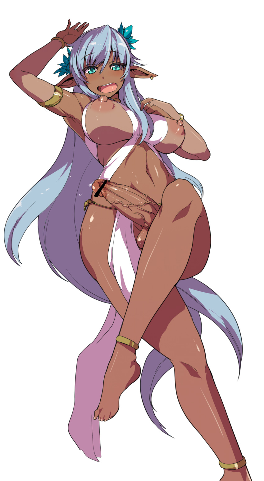 1futa areolae bar_censor blue_hair blush breasts censored dark-skinned_futanari dark_skin elf erect_nipples erection female full-package_futanari futa_only futanari green_eyes hair head_decoration highres intersex large_breasts large_penis long_hair navel nipples open_mouth original penis pointy_ears precum solo_futa testicles ubanis