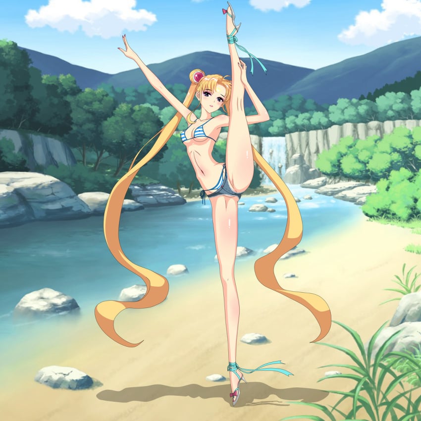 1girls acrobatic ballerina ballerina_position ballet bikini bishoujo_senshi_sailor_moon blonde_hair blue_eyes blush blush_makeup breasts cleavage clothing denim_shorts erect_nipples eyeliner female female_only flexible forest full_body heels legs long_hair long_legs makeup nail_polish nature navel nipples on_pointe one_leg_raised outdoors partially_visible_vulva pigtails posing protruding_nipples revealing_clothes sailor_moon sand shorts sidelocks sky sleekette slim slim_female small_breasts solo stream string_bikini string_panties swimsuit thin thin_legs tied_hair tiptoes twintails usagi_tsukino very_long_hair vulva waterfall zimu_jiang