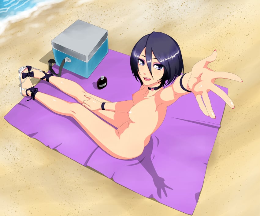 ass black_hair bleach blue_eyes blush breasts butt_crack choker feet female female_only highres kuchiki_rukia legs lipstick looking_at_viewer makeup nipples nude open_mouth short_hair sitting small_breasts smile solo toes zimu_jiang