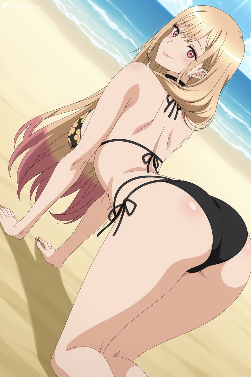 1girl ai_generated all_fours ass barbell_piercing beach bikini black_bikini black_choker blonde_hair blue_sky blush breasts choker closed_mouth cloud day digitalwaifugallery ear_piercing earrings female female_only floral_print from_behind gradient_hair gyaru halterneck hi_res high_quality high_resolution jewelry kitagawa_marin large_breasts long_hair looking_at_viewer looking_back multicolored_hair ocean outdoors patreon piercing print_bikini red_eyes sand seductive sexy side-tie_bikini_bottom sky smile solo sono_bisque_doll_wa_koi_wo_suru string_bikini sunlight swimsuit thighs uncensored watermark