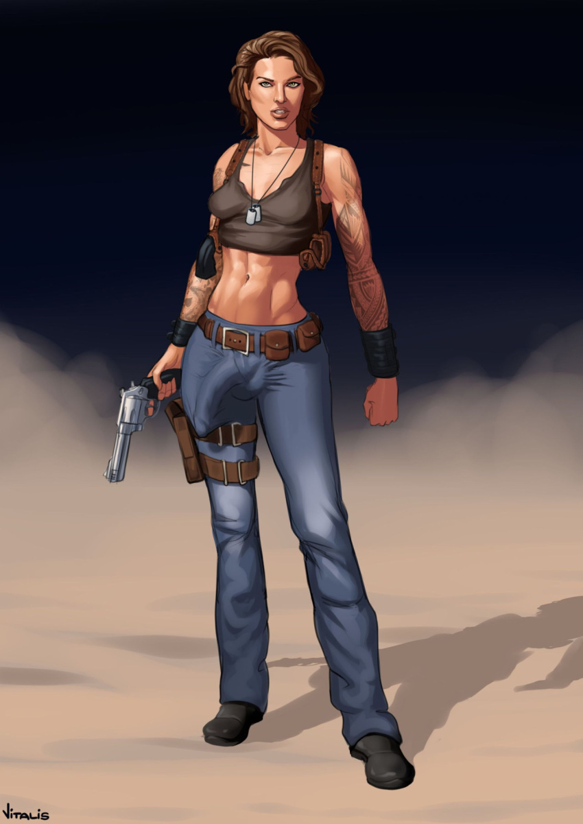 1futa abs ball_bulge balls balls_under_clothes belt breasts brown_hair bulge cameltail casual cleavage clothing dickgirl dog_tags erect_nipples firearm footwear futa_only futanari gun half-erect handgun human intersex jeans large_penis legwear maxine_shaw milla_jovovich muscular_futanari navel neckwear nipple_bulge nipples pale_skin penis penis_bulge penis_under_clothes revolver short_hair small_breasts solo solo_futa standing tank_top tattoo vitalis weapon wristwear