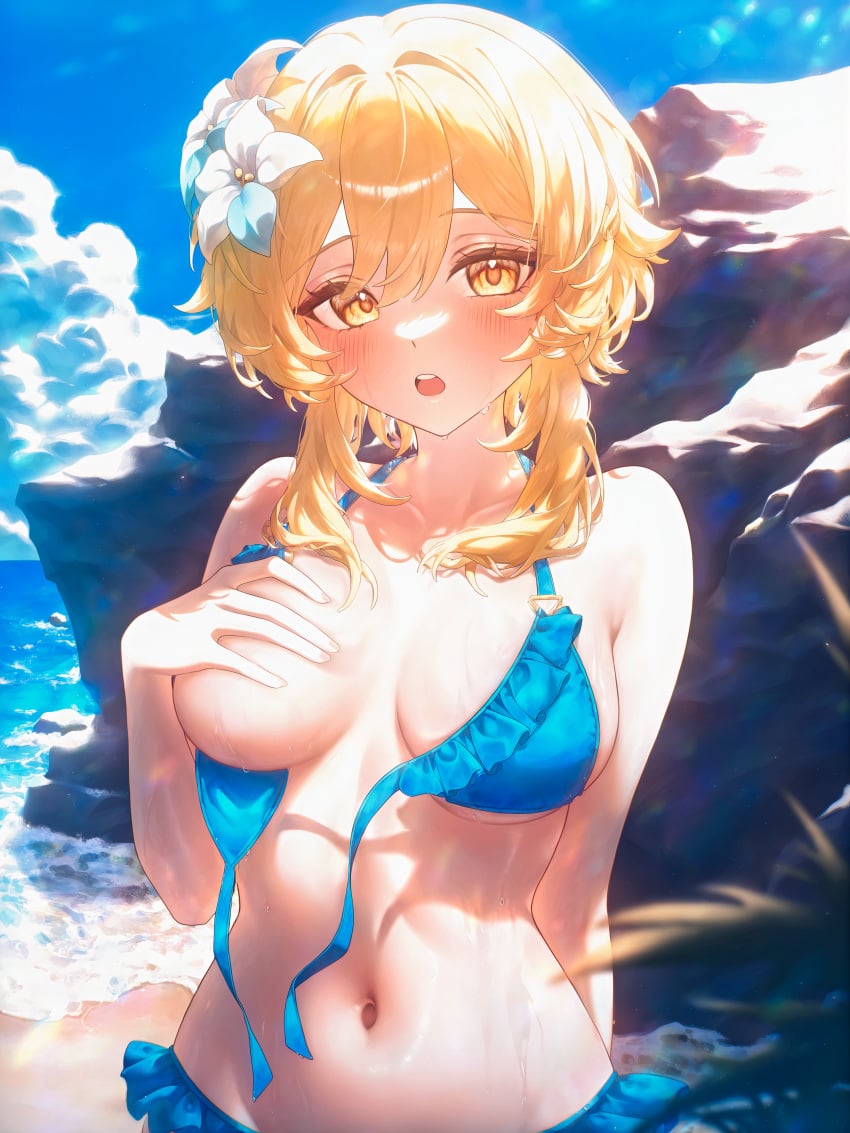 1girl :o arm_behind_back bare_arms bare_shoulders beach bikini blonde_hair blue_eyes blue_hair blurry blush breasts breasts_apart cloud collarbone covering_breasts covering_nipples covering_one_breast covering_privates flower frilled_bikini frills front-tie_bikini_top front-tie_top genshin_impact hair_between_eyes hair_flower hair_ornament halterneck hand_on_own_chest hoyoverse large_breasts looking_at_viewer lumine_(genshin_impact) medium_breasts medium_hair ministro navel ocean one_breast_out open_mouth orange_bikini outdoors short_hair_with_long_locks sidelocks sky solo stomach sunset swimsuit teeth tree untied_bikini upper_body upper_teeth_only wardrobe_malfunction water wet white_flower yellow_bikini