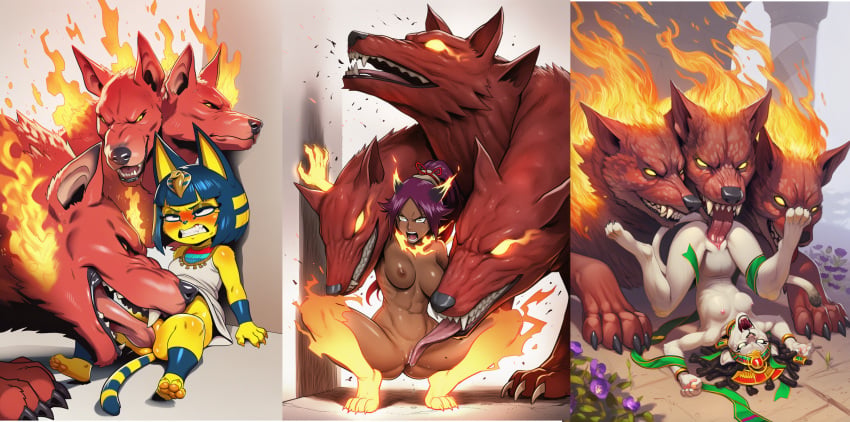 ai_generated animal_crossing ankha anthro bastet bleach blush canid canine cat_ears cat_tail cerberus cunnilingus dark-skinned_female egyptian egyptian_clothes egyptian_mythology felid feline female feral furry furry_female greek_mythology licking marvel multiple_females nude oral paws purple_hair shihouin_yoruichi size_difference tongue tongue_out vagina white_fur yellow_fur
