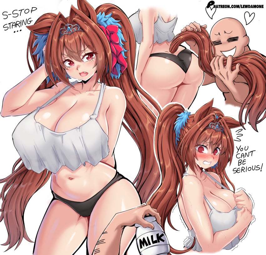 1boy 1girls absurdres alternate_costume animal_ears arm_up ass bald black_panties bottle breasts brown_hair collarbone crop_top cropped_torso daiwa_scarlet_(umamusume) english_text fang flying_sweatdrops hair_between_eyes hair_intakes hetero highres holding holding_another's_tail holding_bottle horse_ears horse_girl horse_tail huge_breasts lewdamone long_hair milk_bottle navel no_pants open_mouth panties patreon_logo patreon_username red_eyes simple_background smile stomach strap_gap sweat tail tail_fondling tail_grab tank_top thighs tiara trembling twintails umamusume underwear v-shaped_eyebrows very_long_hair white_background white_tank_top