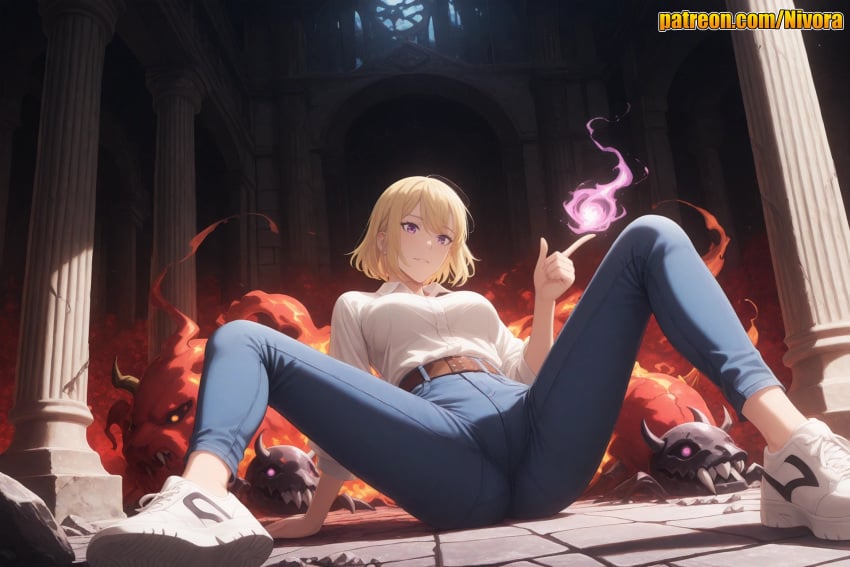 1girl ai_generated arm_support belt blonde_hair blue_pants breasts brown_belt cha_hae-in cha_hae_in closed_mouth collared_shirt column demon denim energy_ball fire full_body grin hair_between_eyes high-waist_pants indoors jeans large_breasts leaning_back looking_at_viewer magic medium_breasts nivora on_floor pants pillar purple_eyes shirt shirt_tucked_in shoes short_hair sitting sleeves_rolled_up smile sneakers solo solo_leveling spread_legs white_footwear white_shirt