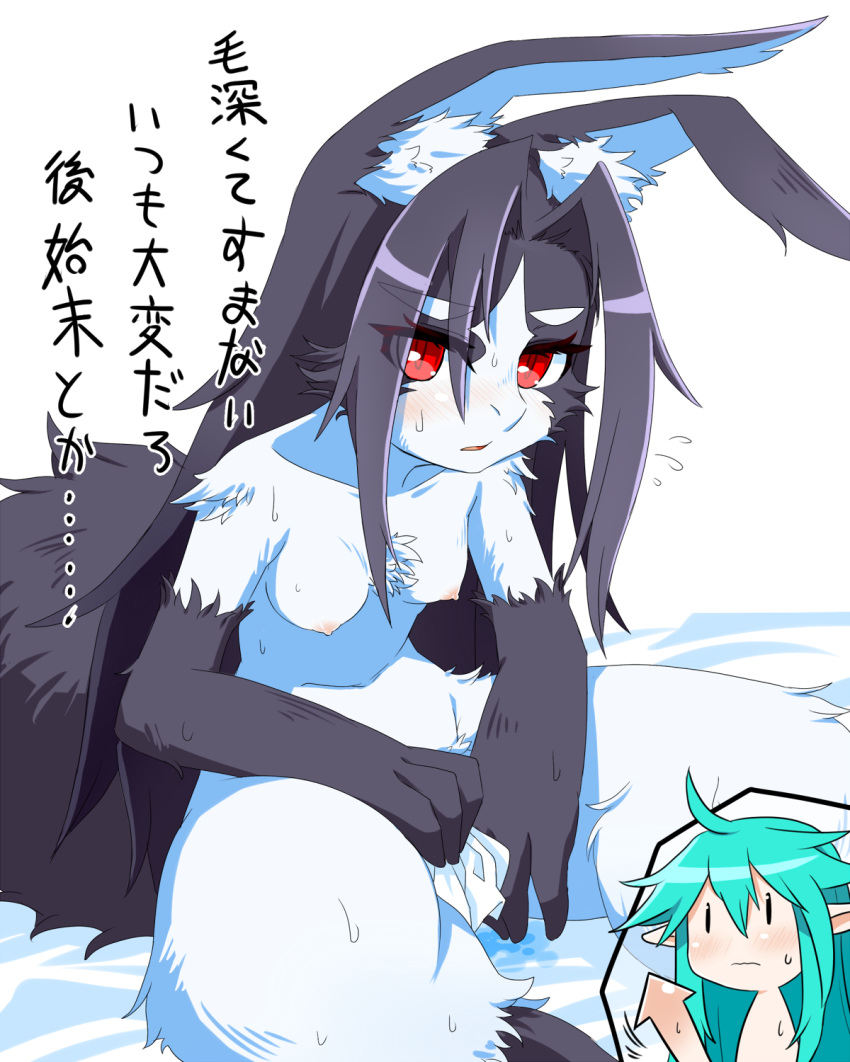 1boy 1girls animal_ears anthro black_hair blush breasts cleaning cum erection female female_anthro furry goushu green_hair hair imminent_sex japanese long_hair long_hair_male male/female mira_misciano nipples open_mouth penis pussy rabbit red_eyes sex sweat tears text tissue translated