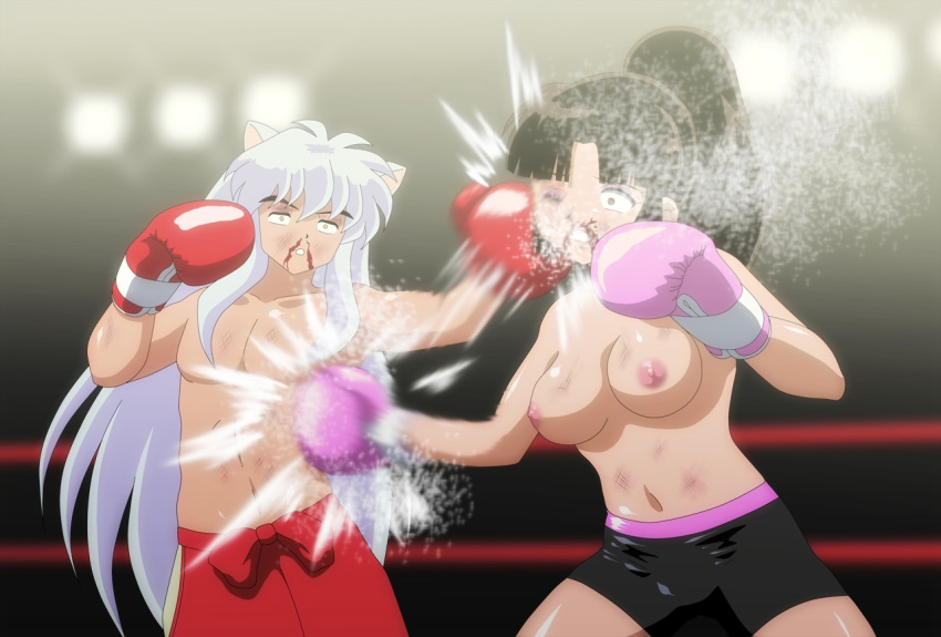 1boy 1girls animal_ears blood boxer boxing boxing_gloves boxing_ring breasts brown_hair bruises butcherstudios catfight clenched_teeth clothed clothes contemporary female fight fighting gloves inuyasha inuyasha_(character) long_hair male mixed_boxing motion_blur navel nipples nosebleed one_eye_closed partially_clothed patriot1776 pink_boxing_gloves pink_gloves ponytail punch red_boxing_gloves red_gloves sango scratches shorts spotlight standing tied_hair topless white_hair wince yellow_eyes