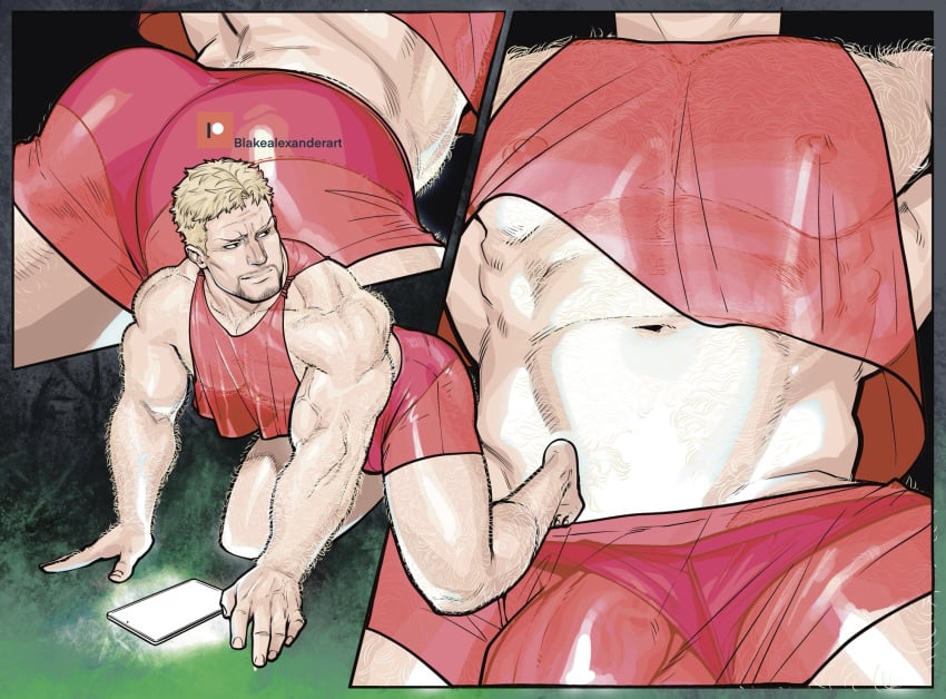 1boy abs ass bara blake_alexander blonde_hair closed_mouth commentary covered_nipples crop_top english_commentary erection facial_hair highres kneeling large_pectorals male male_focus male_only male_underwear multiple_views muscular muscular_male navel nipples patreon_username pectorals penis pink_male_underwear pink_shorts reiner_braun see-through_clothes shingeki_no_kyojin short_hair shorts solo solo_male underwear