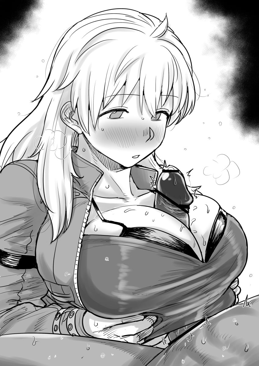 1boy 1girl absurdres ahoge bar_censor blush bra breasts breasts_squeezed_together censored cleavage collarbone commentary_request crop_top dorohedoro erection greyscale hetero highres jacket kaiman_garupan large_breasts large_penis long_hair long_sleeves looking_at_penis monochrome nikaidou_(dorohedoro) no_pupils nose_blush open_clothes open_jacket paizuri paizuri_under_clothes parted_lips penis sweat twitching_penis underwear unzipped white_background