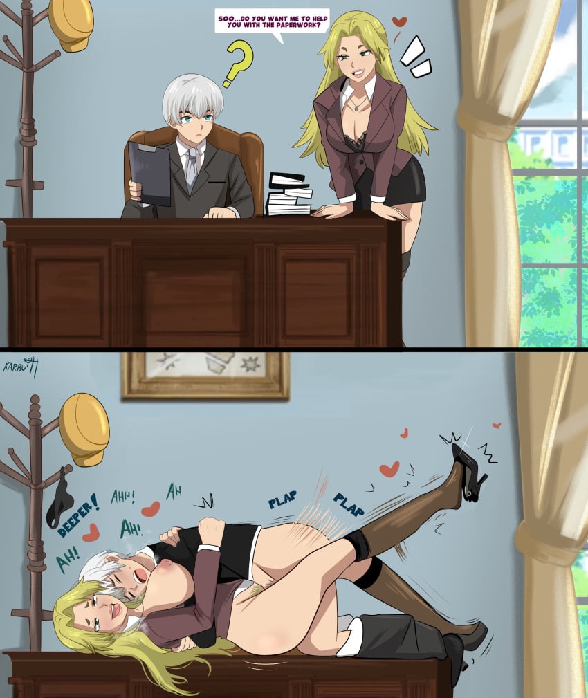 <3 1boy 1girls ? ahe_gao areolae big_breasts blonde_hair blue_eyes breasts clothed_sex dialogue dr.stone english_text female green_eyes hanada_nikki heels hi_res karbuitt long_hair male nipples office office_lady on_table penetration saionji_ukyo sex sex_on_table speech_bubble vaginal_penetration white_hair