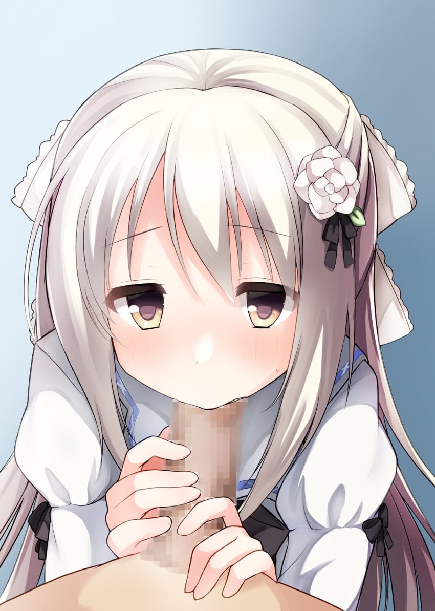 1boy 1girl black_ribbon blue_background blush censored commentary commission enamori_senri erection fellatio flower grabbing_another's_penis grey_hair hair_between_eyes hair_flower hair_ornament hair_ribbon half_updo hetero highres juliet_sleeves long_hair long_sleeves looking_at_viewer mosaic_censoring oral pov pov_crotch priministar puffy_sleeves ribbon shirt sidelocks simple_background skeb_commission solo_focus takepoison upper_body white_flower white_ribbon white_shirt yellow_eyes