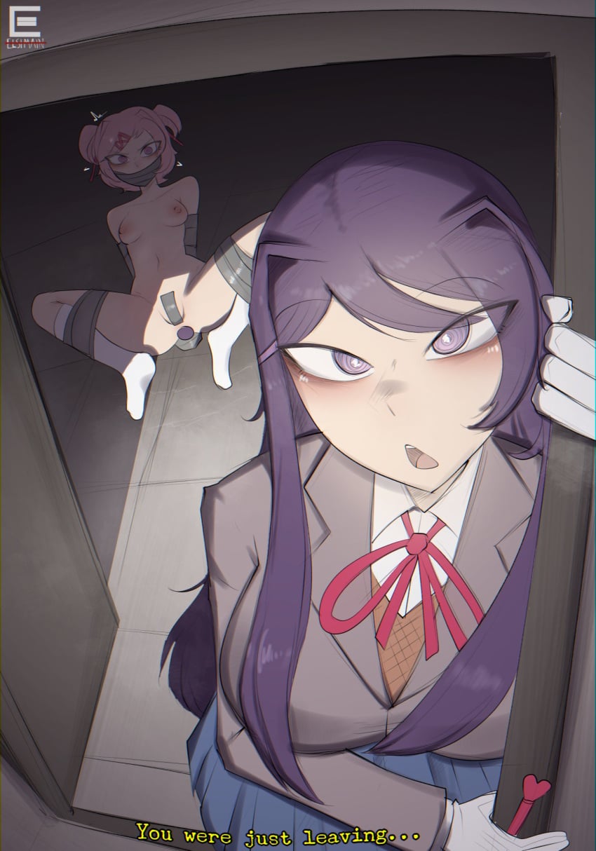 2girls blush bondage butt_plug caught caught_in_the_act dialogue doki_doki_literature_club elsimain female femdom gagged natsuki_(doki_doki_literature_club) pink_hair purple_hair questionable_consent spread_legs tape_gag text tied_up yuri yuri_(doki_doki_literature_club)