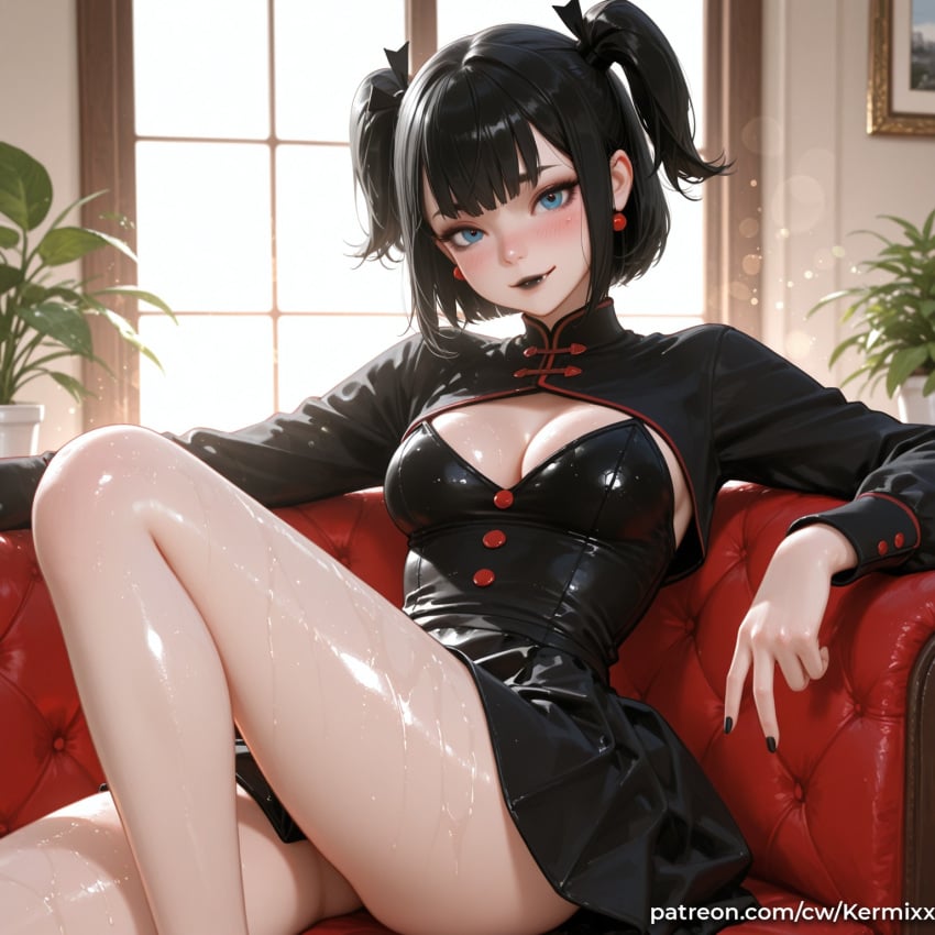 1girl ai_generated artist_name bare_legs black_dress black_hair black_lips black_nails black_ribbon blue_eyes blunt_bangs blush breasts buttons chinese_clothes cleavage closed_mouth couch drawing_(object) dress earrings feet_out_of_frame hair_ribbon hotel_transylvania indoors jewelry kermixx knee_up lips lipstick long_sleeves looking_at_viewer makeup mascara mavis_dracula medium_breasts mole nail_polish on_couch patreon_username picture_frame plant pleated_dress pleated_skirt potted_plant ribbon shiny_clothes short_dress short_hair shrug_(clothing) sitting skirt smile solo strapless thick_eyebrows thighs twintails two_side_up v web_address wet window