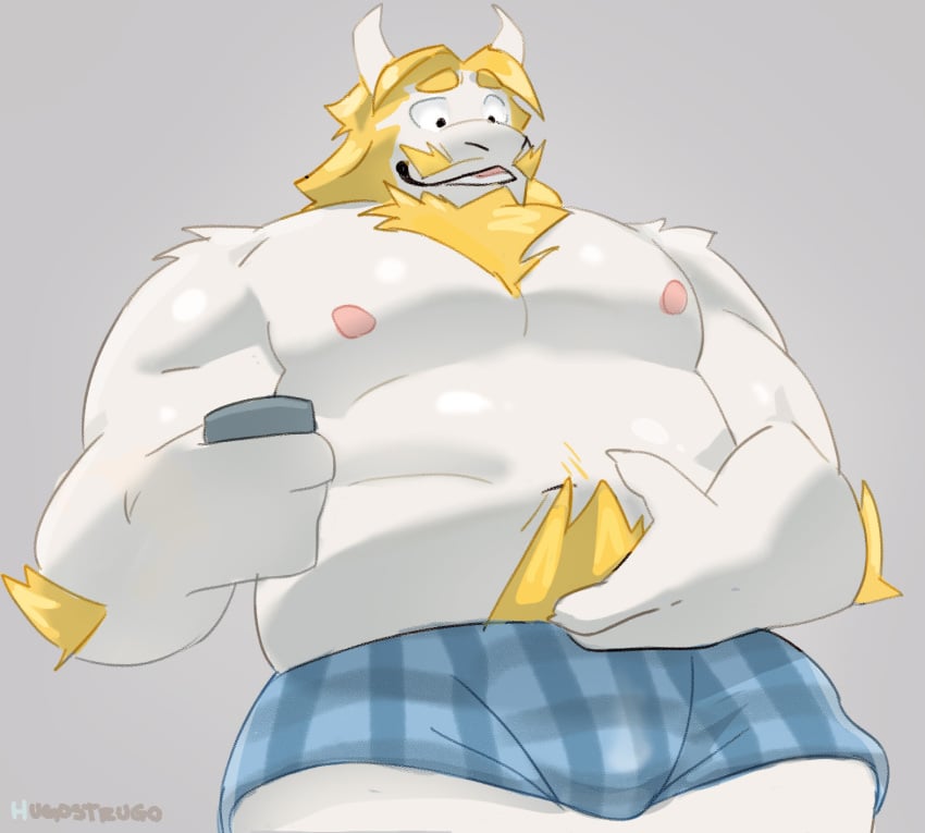 anthro asgore_dreemurr asgore_dreemurr_(deltarune) bear_(body_type) beard blonde blonde_hair blonde_male body_hair boxers boxers_(clothing) boxers_only deltarune dilf facial_hair furry goat goat_horns horn horns long_ears looking_down male male_only muscular muscular_male nipples undertale undertale_(series) underwear underwear_only utdr_(toby_fox) white_body white_fur