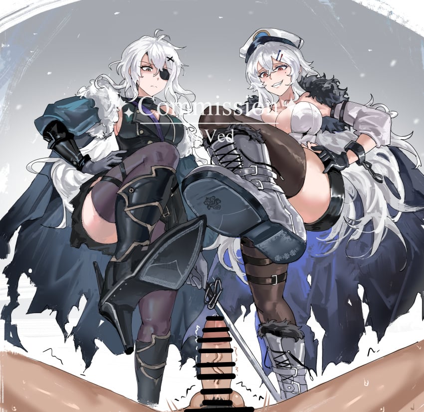 azur_lane bar_censor censor_bar censored cock dick eyepatch gangut_(azur_lane) genitals hair_between_eyes kirov_(azur_lane) mole penis ved_(artist) white_hair white_hair_female