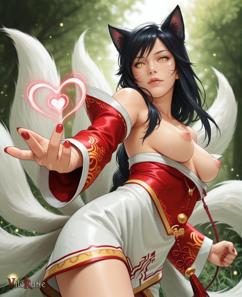 1girl ahri ahri_(league_of_legends) ai_generated bare_shoulders black_hair breasts_out casting_spell detached_sleeves facial_mark fighting_stance fingernails fireflies fox_ears fox_tail heart korean_clothes league_of_legends looking_at_viewer medium_breasts outdoors perky_breasts reaching_out red_nails slit_pupils topless vilerune whisker_markings yellow_eyes