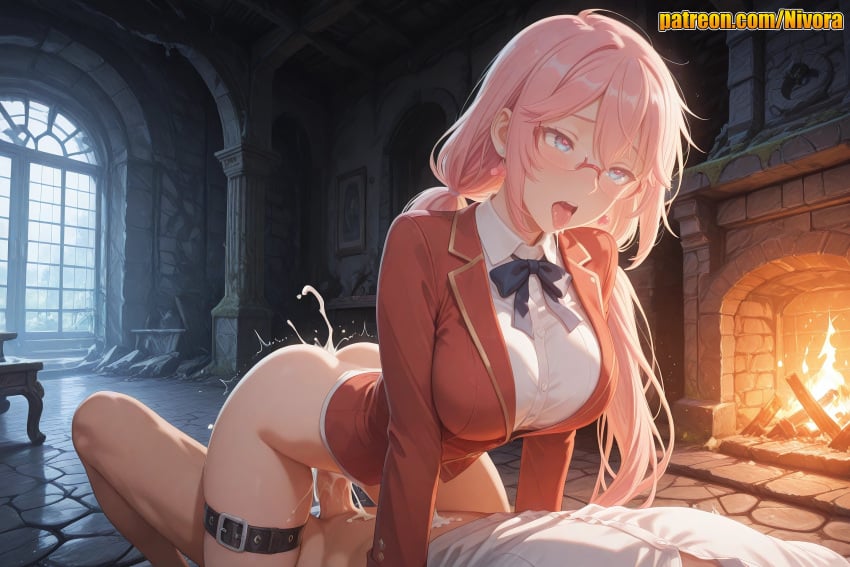 1boy 1girl ahegao ai_generated all_fours arched_back ass belt black_bow blazer blue_eyes blush bottomless bow bowtie breasts classroom_of_the_elite clothed_sex cowgirl_position cum cum_in_mouth cum_in_pussy cum_overflow ejaculation fireplace girl_on_top glasses hair_between_eyes heart heart-shaped_pupils hetero indoors jacket large_breasts long_hair long_sleeves low_twintails nivora open_mouth penis pink_hair red_jacket ruins sakura_airi saliva school_uniform sex sex_from_behind shirt solo_focus straddling symbol-shaped_pupils thigh_belt thigh_strap thighs tongue tongue_out twintails uncensored vaginal white_shirt window youkoso_jitsuryoku_shijou_shugi_no_kyoushitsu_e