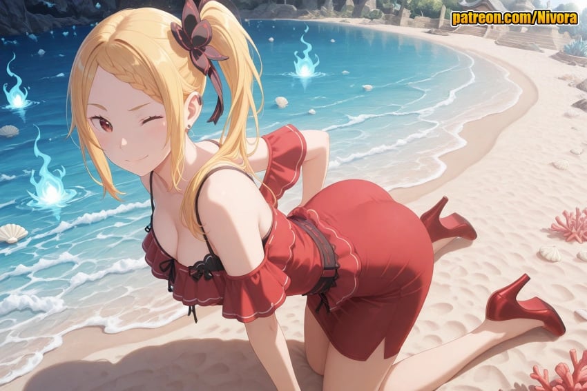 1girl ;) ai_generated all_fours ass bare_shoulders beach black_bra blonde_hair blue_fire blush bra braid braided_bangs breasts cleavage closed_mouth collarbone day dress ear_piercing earrings fire flower hair_flower hair_ornament high_heels hitodama jewelry kneeling large_breasts long_hair looking_at_viewer medium_breasts nivora ocean off-shoulder_dress off_shoulder one_eye_closed outdoors parted_bangs patreon piercing priscilla_barielle pumps re:zero_kara_hajimeru_isekai_seikatsu red_dress red_eyes red_footwear sand seashell shell shoes side_ponytail sidelocks smile solo virtual_youtuber water