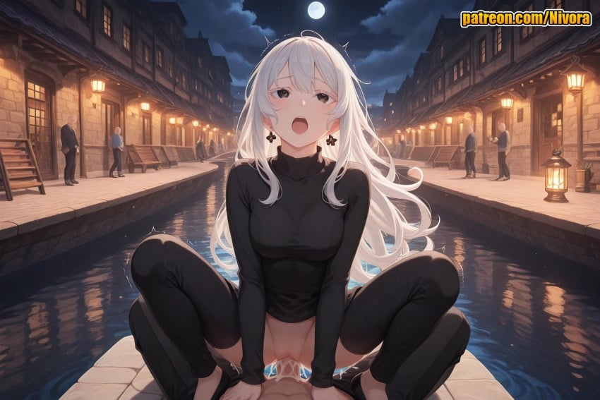 1boy 1girl ahoge ai_generated black_eyes black_pants black_shirt black_sweater black_thighhighs blush bottomless breasts brown_eyes building clothed_female_nude_male clothed_sex cowgirl_position cum cum_in_pussy cum_overflow earrings echidna_(re:zero) full_moon girl_on_top hair_between_eyes hetero jewelry lamppost lantern long_hair long_sleeves looking_at_viewer medium_breasts moon mosaic_censoring multiple_girls night night_sky nivora nude open_mouth outdoors pants patreon penis pov public_indecency pussy re:zero_kara_hajimeru_isekai_seikatsu sex shirt siblings sky solo_focus spread_legs squatting squatting_cowgirl_position straddling sweater taut_shirt thighhighs turtleneck turtleneck_sweater uncensored upper_teeth_only vaginal water white_hair