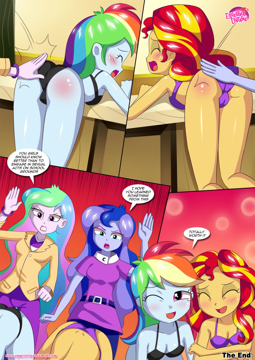 4girls comic comic_page english_text equestria_girls equestria_untamed female_only friendship_is_magic human_only humanized my_little_pony physical_education princess_celestia_(mlp) princess_luna_(mlp) principal_celestia rainbow_dash_(eg) rainbow_dash_(mlp) smooth_skin spanking speech_bubble sunset_shimmer tagme vice_principal_luna