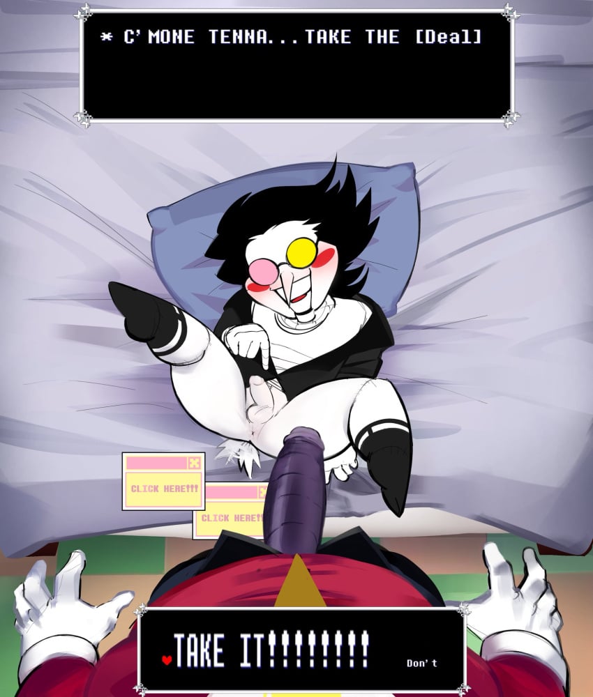 2boys big_penis bottomless deltarune deltarune_chapter_3 english_dialogue english_text enthusiastic enthusiastic_consent erection gay horny_male inminent_sex male_only missionary_position on_back pov presenting presenting_ass size_difference small_penis small_tail smaller_male spamtenna spamton_g_spamton teasing teasing_viewer tenna_(deltarune) yaoi