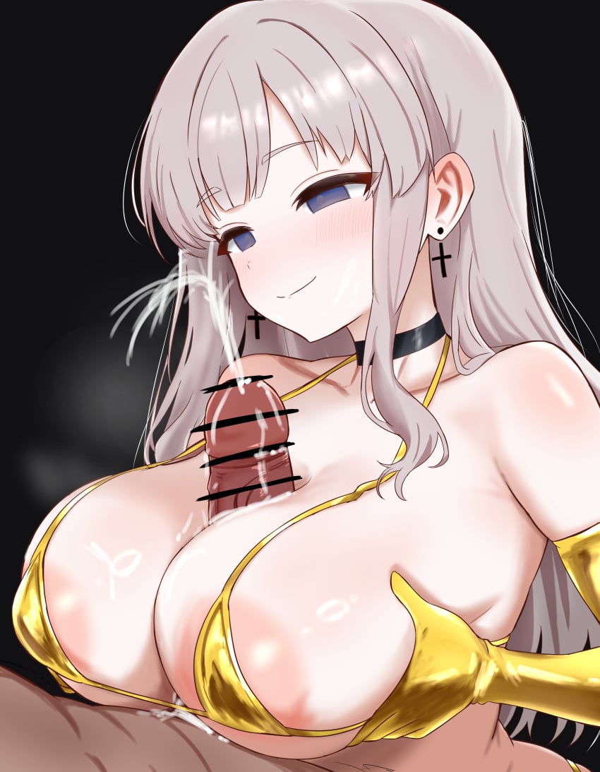 1boy 1girl absurdres alternate_breast_size_(larger) areola_slip bar_censor bare_shoulders bikini black_background black_choker blonde_hair breasts breasts_squeezed_together censored choker closed_mouth clothed_female_nude_male collarbone commentary_request covered_nipples cross cross_earrings cum dark-skinned_male dark_skin earrings ejaculation elbow_gloves gloves gold_bikini gold_gloves grey_eyes halterneck hetero highres hikami_meruru jewelry large_areolae large_breasts latex latex_gloves long_hair long_sidelocks looking_at_another mahou_shoujo_no_majo_saiban micro_bikini nude oh24478664 paizuri paizuri_under_clothes penis ring_light_reflection sidelocks smile smug solo_focus string_bikini swimsuit
