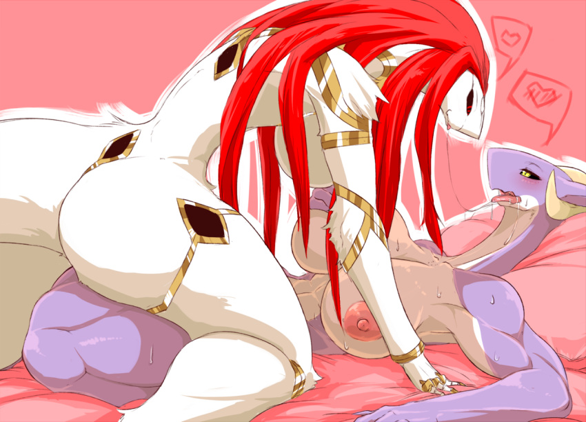 2girls artist_request breasts character_request female furry gabite long_hair multiple_girls nipples red_eyes red_hair yellow_eyes yuri
