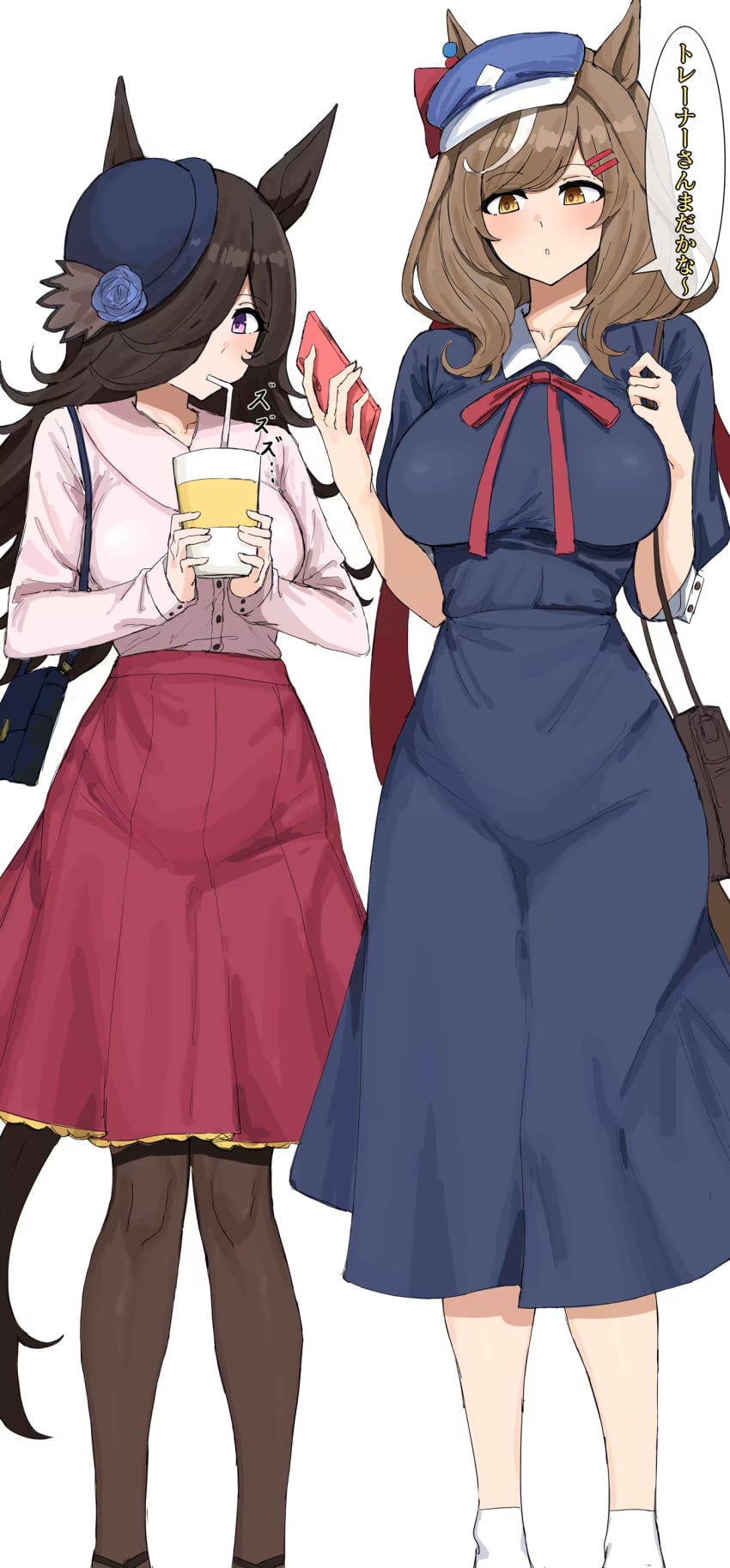 2girls animal_ears bag big_breasts breasts cellphone clothed cup drink drinking hat horse_ears horse_girl horse_tail japanese_text kumiyabe matikane_tannhauser_(umamusume) ribbon rice_shower_(umamusume) shirt skirt socks stockings straw tie umamusume umamusume_pretty_derby waiting