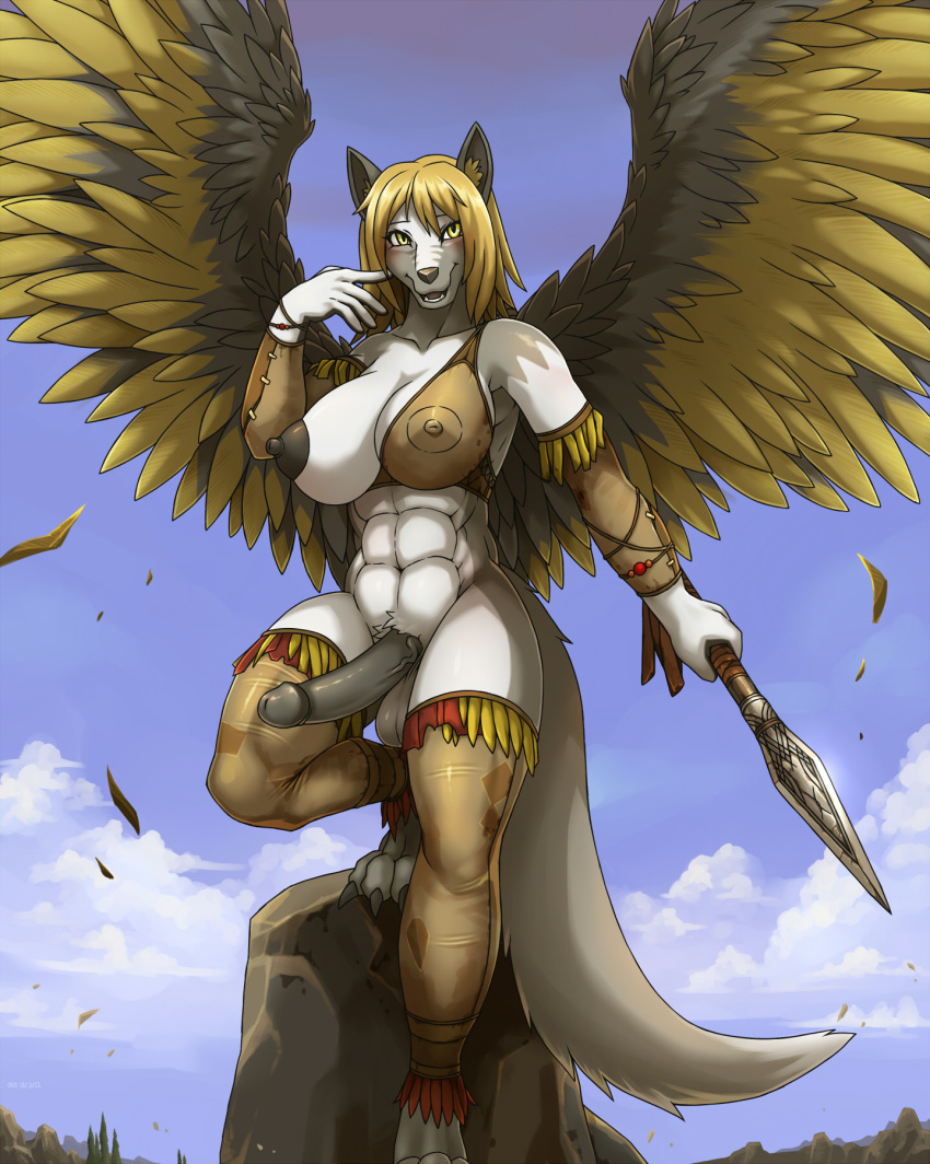 1futa 2018 abs anthro areola avian balls bird black_nipples black_penis blonde_hair bottomless bra breasts canine cleavage clothing curvy day digital_media_(artwork) erect_nipples erection feathers front_view fur furry futa_only futanari hair hawk huge_breasts hybrid intersex large_balls large_penis legwear link2004 mammal melee_weapon muscular muscular_futanari navel nipple_bulge nipples no_bra original_character outdoors outside penis polearm rock sara_eclipsenight solo spear standing stockings tail underwear veins veiny_penis weapon white_fur wings wolf yellow_eyes