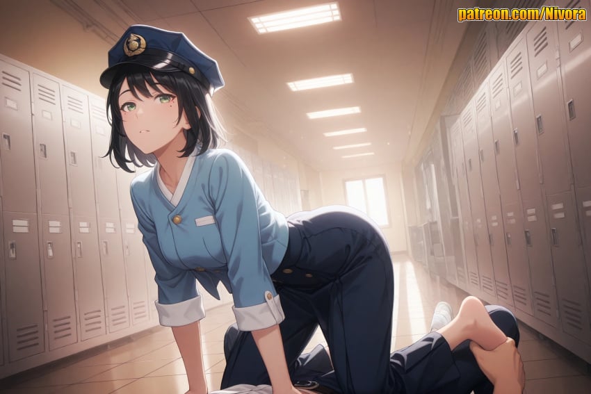 1boy 1girl ai_generated all_fours ankle_grab barefoot belt black_hair black_pants blue_headwear blue_jacket blue_pants blue_shirt breasts ceiling ceiling_light girl_on_top green_eyes han_song-yi hat hetero indoors locker locker_room long_sleeves looking_at_viewer lying medium_breasts mole mole_under_eye nivora on_back pants parted_lips police police_hat police_uniform policewoman pov shirt short_hair skirt solo_focus solo_leveling sunlight uniform white_shirt