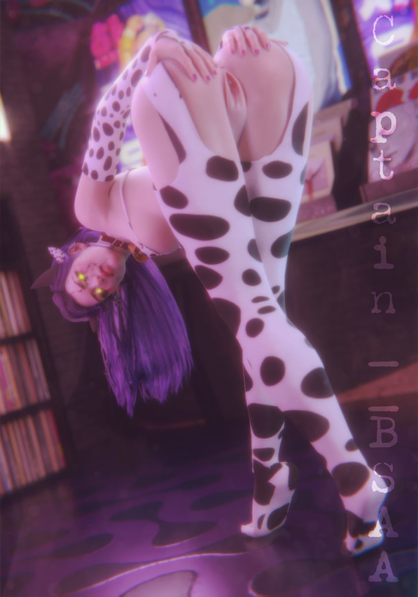 1girls ass ass_focus cow_print dbd dead_by_daylight mina mina_(dead_by_daylight) partially_clothed purple_hair pussy spreading_pussy